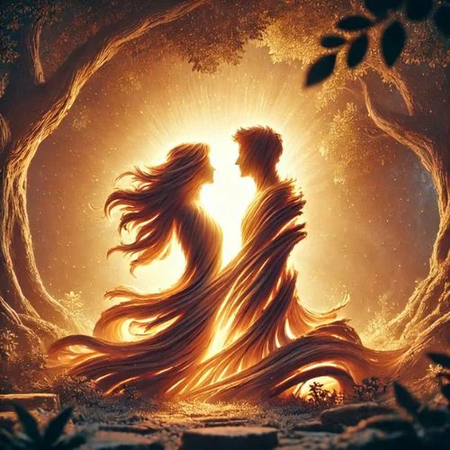 Una representación simbólica de Génesis 2:24, que muestra a un hombre y una mujer juntos como siluetas indistintas y entrelazadas, simbolizando su unión como 'uno solo'.